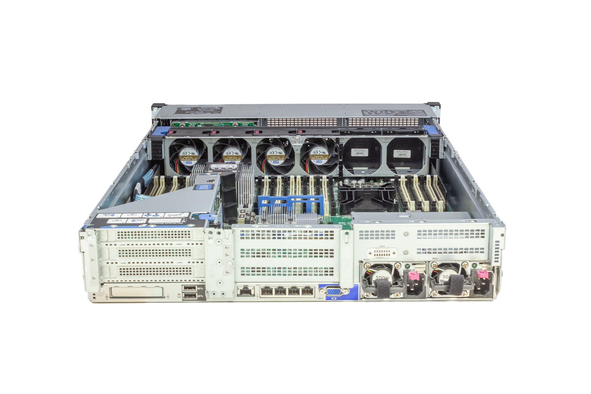 HPE ProLiant DL380 Gen10, 1x CPU, 8xSFF, 1x PCI-Cage, 2x500W Rack Server, Rückseite und geöffnet