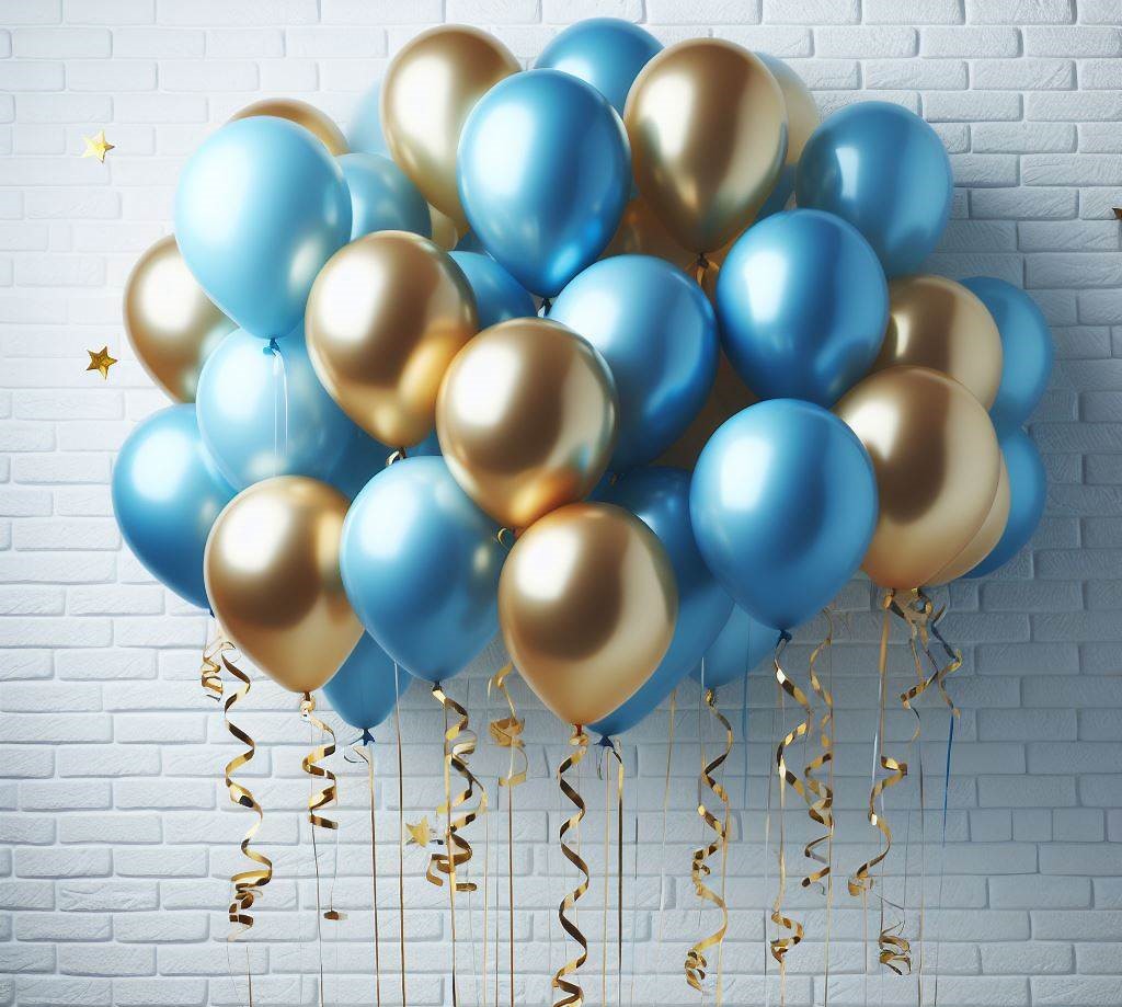 20 Jahre quattroM blaue und goldene Luftballons vor weißer Wand