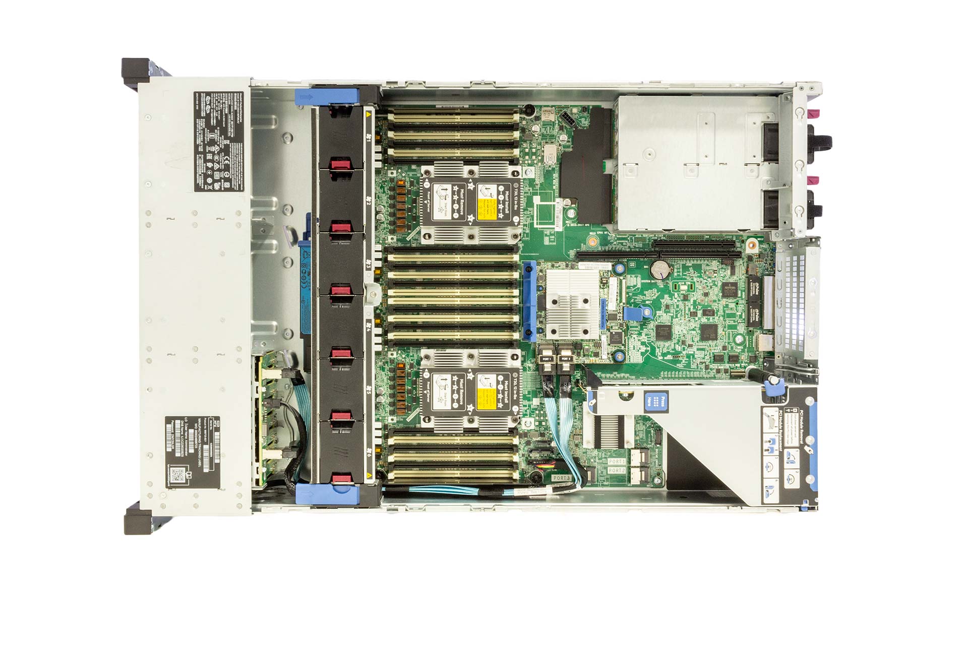 HPE ProLiant DL380 Gen10 Rack Server 2x Xeon Gold 6126, 32GB RAM, 8xSFF 1x PCI-Cage, 2x 500 Watt, Draufsicht und geöffnet