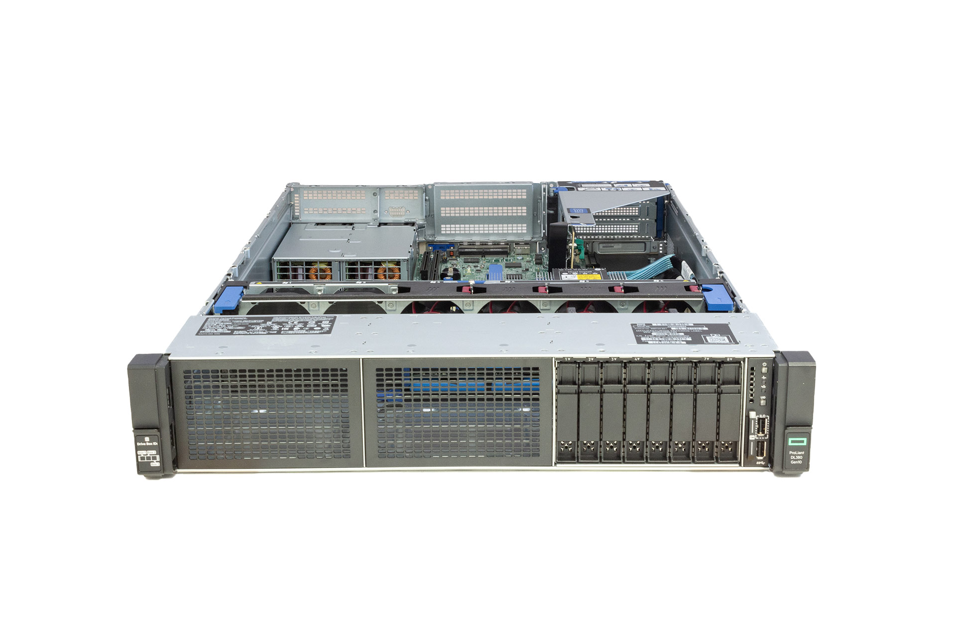 HPE ProLiant DL380 Gen10, 1x CPU, 8xSFF, 1x PCI-Cage, 2x500W Rack Server, Front und geöffnet