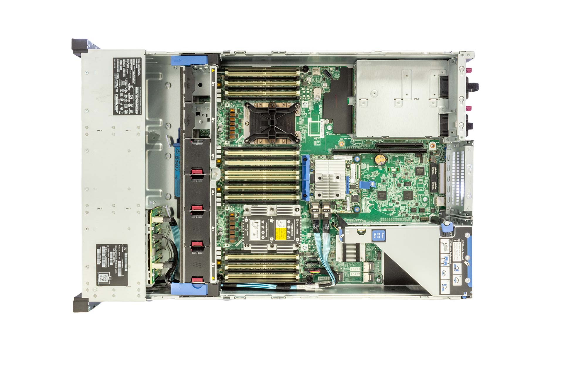 HPE ProLiant DL380 Gen10, 1x CPU, 8xSFF, 1x PCI-Cage, 2x500W Rack Server, Geöffnet