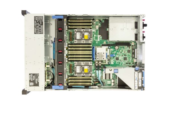 HPE ProLiant DL380 Gen10 Rack Server 2x Xeon Gold 6126, 32GB RAM, 8xSFF 1x PCI-Cage, 2x 500 Watt, Draufsicht und geöffnet