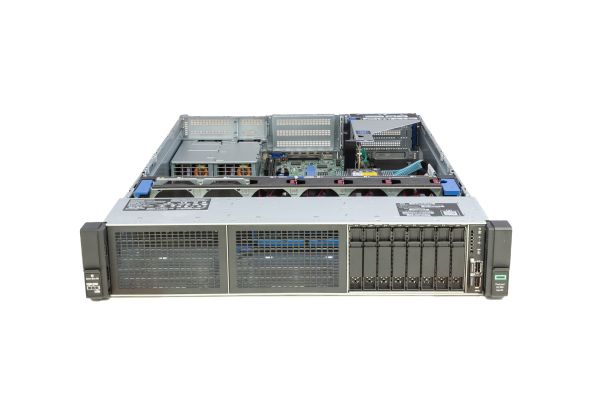 HPE ProLiant DL380 Gen10, 1x CPU, 8xSFF, 1x PCI-Cage, 2x500W Rack Server, Front und geöffnet