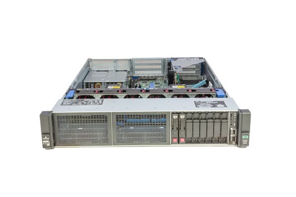 HPE ProLiant DL380 Gen10 Rack Server 2x Xeon Gold 6126, 32GB RAM, 8xSFF 1x PCI-Cage, 2x 500 Watt, Frontseite und geöffnet